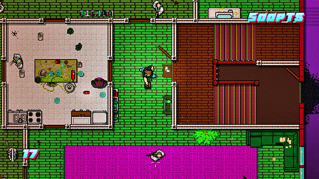 Carefully, open the door to the room on the left and attract the attention of the opponents - Scene 15 - Withdrawal - Act 4 - Falling - Hotline Miami 2: Wrong Number - Game Guide and Walkthrough