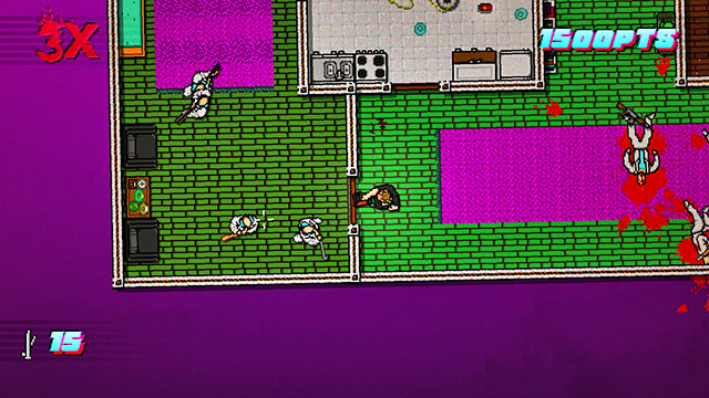 Take the firearm and stand to the left of the room - Scene 15 - Withdrawal - Act 4 - Falling - Hotline Miami 2: Wrong Number - Game Guide and Walkthrough