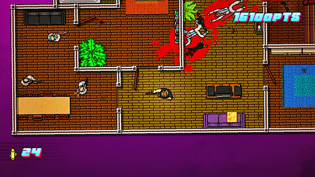 The last two groups of enemies are above, on the left and below on the right - Scene 15 - Withdrawal - Act 4 - Falling - Hotline Miami 2: Wrong Number - Game Guide and Walkthrough