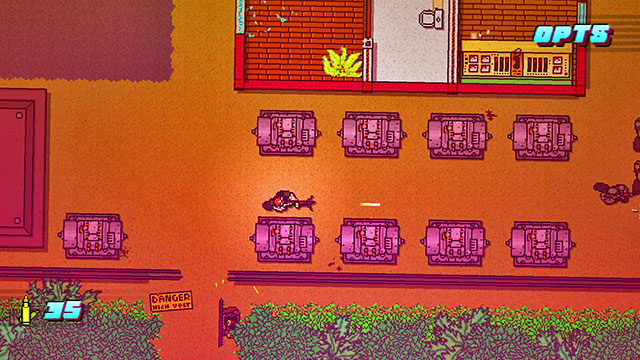 Hide behind the generator and look up - Scene 16 - Casualties - Act 4 - Falling - Hotline Miami 2: Wrong Number - Game Guide and Walkthrough