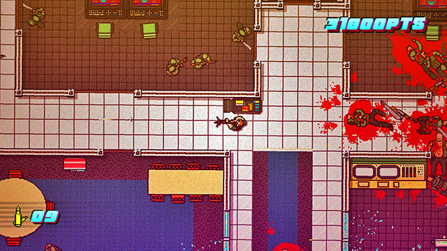 Shoot the last enemy in the room on the left, across the window - Scene 16 - Casualties - Act 4 - Falling - Hotline Miami 2: Wrong Number - Game Guide and Walkthrough