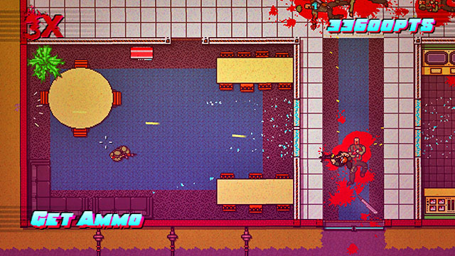 While upstairs, enter the room on the right, immediately, and shoot the guard - Scene 16 - Casualties - Act 4 - Falling - Hotline Miami 2: Wrong Number - Game Guide and Walkthrough