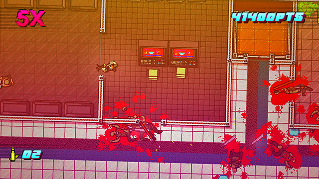 In the room opposite the elevator there is a guard - Scene 16 - Casualties - Act 4 - Falling - Hotline Miami 2: Wrong Number - Game Guide and Walkthrough