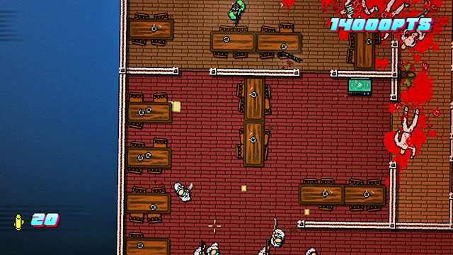 The last opponent patrolling the area is in the bottom-right part of the map - Scene 17 - First Blood - Act 5 - Intermission - Hotline Miami 2: Wrong Number - Game Guide and Walkthrough