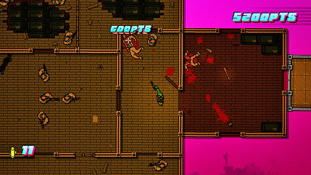 Thrown your weapon at the guard at the door, approach to him and finish him off - Scene 18 - Demolition - Act 5 - Intermission - Hotline Miami 2: Wrong Number - Game Guide and Walkthrough