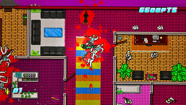 Use the left door to exit the room, and shoot the guard in the upper-right part of the level - Scene 19 - House Call - Act 5 - Intermission - Hotline Miami 2: Wrong Number - Game Guide and Walkthrough