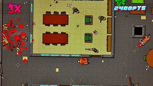 With the firearm, shoot the guards in the upper room - Scene 20 - Release - Act 5 - Intermission - Hotline Miami 2: Wrong Number - Game Guide and Walkthrough