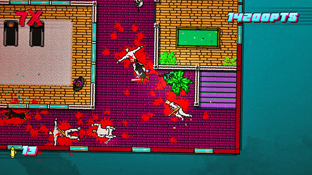 Across the windows, kill the two shooters in the room on the left - Scene 19 - House Call - Act 5 - Intermission - Hotline Miami 2: Wrong Number - Game Guide and Walkthrough