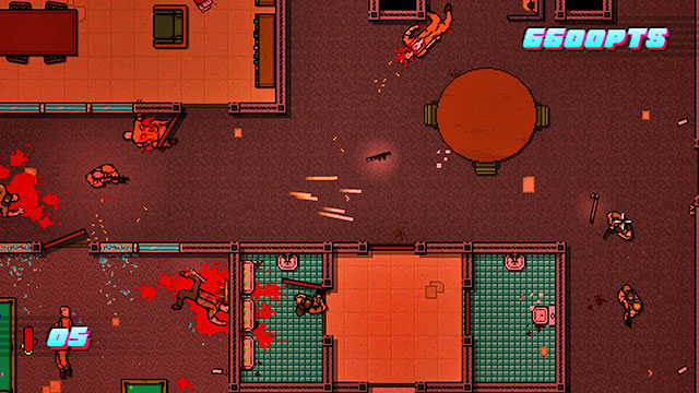 You find the last two of the shooters in the bathroom - Scene 20 - Release - Act 5 - Intermission - Hotline Miami 2: Wrong Number - Game Guide and Walkthrough