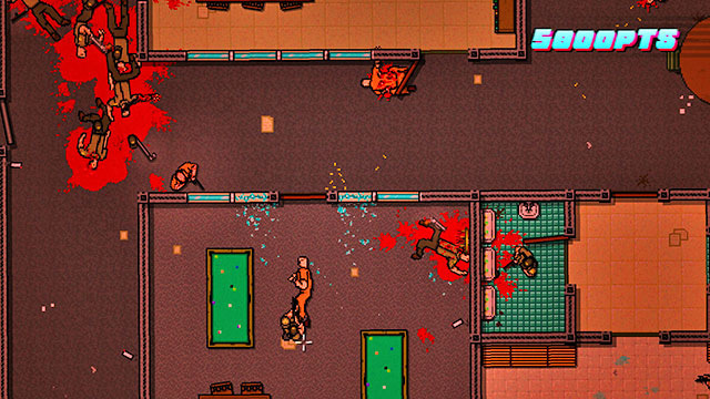 Shoot the guards on the right side of the map, by taking to your advantage the fact that you are invisible to them, over longer distances - Scene 20 - Release - Act 5 - Intermission - Hotline Miami 2: Wrong Number - Game Guide and Walkthrough