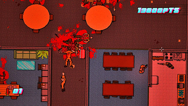 The last group of the guards is above on the right - Scene 20 - Release - Act 5 - Intermission - Hotline Miami 2: Wrong Number - Game Guide and Walkthrough