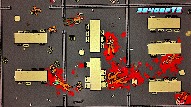 By shooting at an angle, surprise the opponent with the firearm - Scene 20 - Release - Act 5 - Intermission - Hotline Miami 2: Wrong Number - Game Guide and Walkthrough
