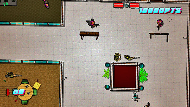 With the rest of the ammo, shoot at the room on the left - Scene 22 - Blood Money - Act 6 - Catastrophe - Hotline Miami 2: Wrong Number - Game Guide and Walkthrough