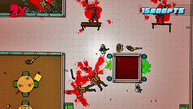 In the toilets, there may be more guards, unless that have been attracted by the noise of the shooting earlier - Scene 22 - Blood Money - Act 6 - Catastrophe - Hotline Miami 2: Wrong Number - Game Guide and Walkthrough