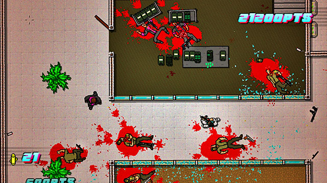 You find the last enemies in the upper-left part of the map - Scene 22 - Blood Money - Act 6 - Catastrophe - Hotline Miami 2: Wrong Number - Game Guide and Walkthrough