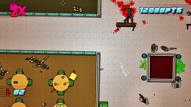 With the job done, deal with the two guards above the starting point - Scene 22 - Blood Money - Act 6 - Catastrophe - Hotline Miami 2: Wrong Number - Game Guide and Walkthrough