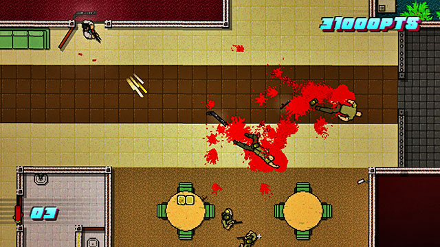 After you kill the last enemies, go right and see the cutscene - Scene 22 - Blood Money - Act 6 - Catastrophe - Hotline Miami 2: Wrong Number - Game Guide and Walkthrough