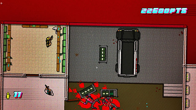 After you enter the map, go down - Scene 22 - Blood Money - Act 6 - Catastrophe - Hotline Miami 2: Wrong Number - Game Guide and Walkthrough