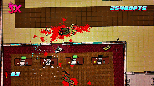 Go up and shoot the enemies in the room - Scene 22 - Blood Money - Act 6 - Catastrophe - Hotline Miami 2: Wrong Number - Game Guide and Walkthrough