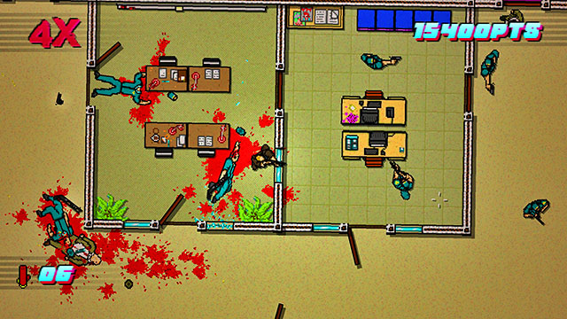 IN the room below, there are three enemies - Scene 23 - Caught - Act 6 - Catastrophe - Hotline Miami 2: Wrong Number - Game Guide and Walkthrough