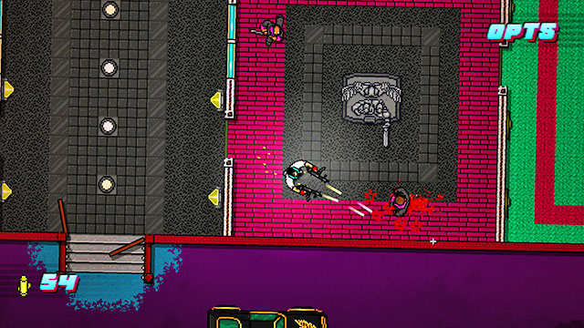 If you started with the beefcake, go up and deal with the shooter and the guards - Scene 24 - Take Over - Act 6 - Catastrophe - Hotline Miami 2: Wrong Number - Game Guide and Walkthrough