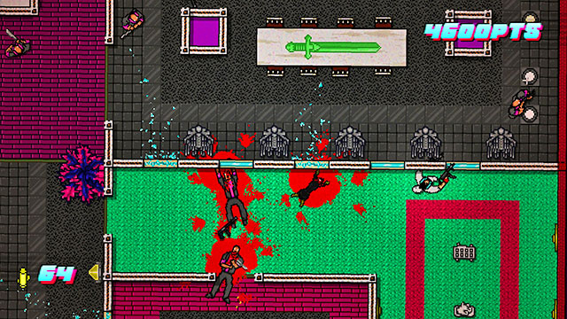 With the right side clear, stand in the door of the green room and look up - Scene 24 - Take Over - Act 6 - Catastrophe - Hotline Miami 2: Wrong Number - Game Guide and Walkthrough