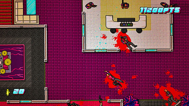 The last opponents are on the stairs, on the left and in the room with guitars on the right - Scene 24 - Take Over - Act 6 - Catastrophe - Hotline Miami 2: Wrong Number - Game Guide and Walkthrough