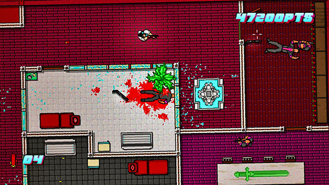 You find the last guard in the room above the stairs, on the right - Scene 24 - Take Over - Act 6 - Catastrophe - Hotline Miami 2: Wrong Number - Game Guide and Walkthrough