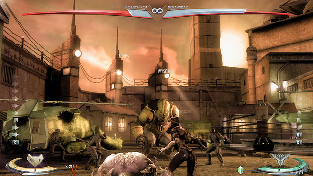 In the middle of the arena in the background there's an armoured creature, when fighting beside it you can throw the enemy at it - Strykers Island - Arenas - Injustice: Gods Among Us - Game Guide and Walkthrough