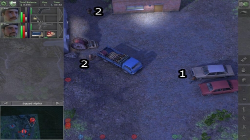 If we dont alarm enemies in the region of the last one building from southern-west part of Drassen we can try stealth nearby cars and kill enemies easily (1) - Drassen - For the good beginning - Jagged Alliance: Back in Action - Game Guide and Walkthrough