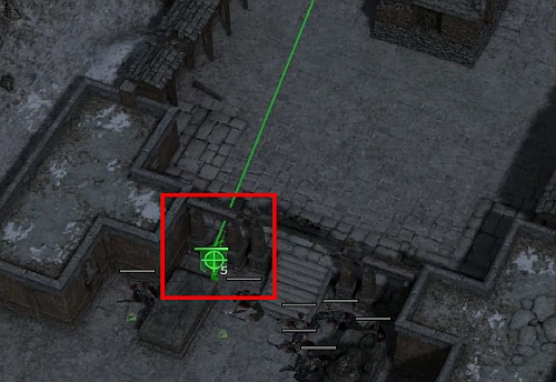 Enemies who stayed in the place, you can fire through the hole shown on the screen, if you can see them - Temple of Kalaya Yuta [10] - p. 2 - Campaign - way junction - Jagged Alliance: Crossfire - Game Guide and Walkthrough