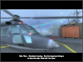 Start off by eliminating all of the nearby helicopters (use the minigun) - [Mission 18] Sink the Buccaneer - Walkthrough - Just Cause - Game Guide and Walkthrough