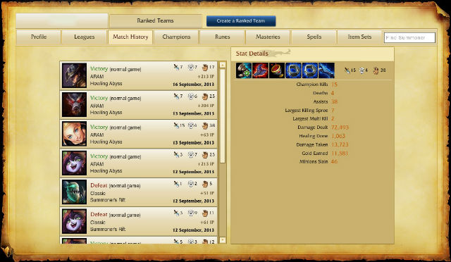 This tab contains information about last 10 matches - Match History - Player profile - League of Legends - A beginners guide - Game Guide and Walkthrough