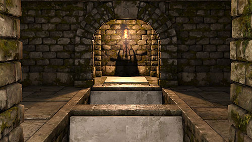 After pressing it, another wall between the pillars will raise, letting you throw an item above two trap doors into the alcove, inside which a grate has also raised - Level 3: Pillars of Light - Walkthrough - Legend of Grimrock - Game Guide and Walkthrough