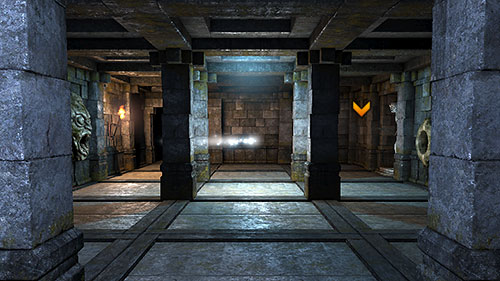 In order to cross this room to the other side and open the door, you will have to head into the middle of the room when the trap doors close and therefore block the path of the projectile - Level 7: Ancient Chambers - Walkthrough - Legend of Grimrock - Game Guide and Walkthrough