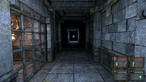 In order to safely cross this corridor, you will have to run to the nearest grate between the projectiles, pull the chain, return to the beginning while avoiding the projectile and run through the open grate to the next room before another one reaches you - Level 8: The Vault - Walkthrough - Legend of Grimrock - Game Guide and Walkthrough