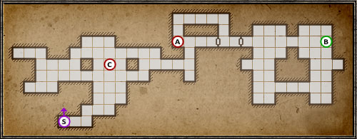 By jumping into the marked trap door, you will land at point (A), from which a short walk will take you to the most powerful Mace in the game: the Icefall Hammer - Level 10: Goromorg Temple II - Walkthrough - Legend of Grimrock - Game Guide and Walkthrough