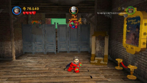 In the next area use hook on one of the grapping under the ceiling, change your hero (press U) and do it the same with him - Theatrical Pursuits - Walkthrough - LEGO Batman 2: DC Super Heroes - Game Guide and Walkthrough