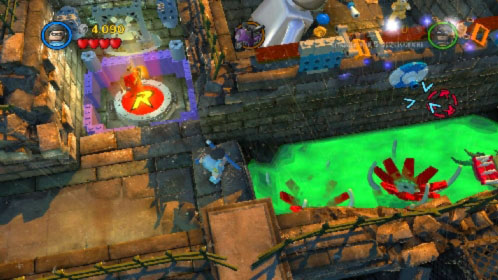 Use Robin's pole on the hole above the pool with acid (picture), jump onto it and get to the second edge - Arkham Asylum Antics - Walkthrough - LEGO Batman 2: DC Super Heroes - Game Guide and Walkthrough
