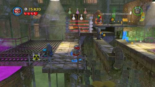 Move right and wait until box will come to you (picture), now quickly jump onto it, leap on the wall and on the next edge - Chemical Crisis - Walkthrough - LEGO Batman 2: DC Super Heroes - Game Guide and Walkthrough