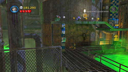 In the next area destroy silver bricks on the right side and use pole to move Robin on the higher floor (picture) - Chemical Crisis - Walkthrough - LEGO Batman 2: DC Super Heroes - Game Guide and Walkthrough