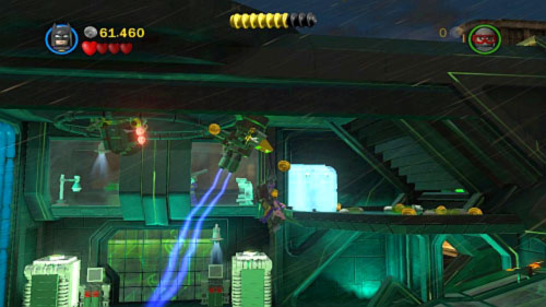 Move to the right edge of the platform and shoot hook at the handle at the top of the electric stream (picture) - Chemical Signature - Walkthrough - LEGO Batman 2: DC Super Heroes - Game Guide and Walkthrough