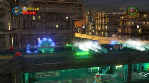 Throw Batarang at violet circle (picture) which will deactivate the camera - Chemical Signature - Walkthrough - LEGO Batman 2: DC Super Heroes - Game Guide and Walkthrough