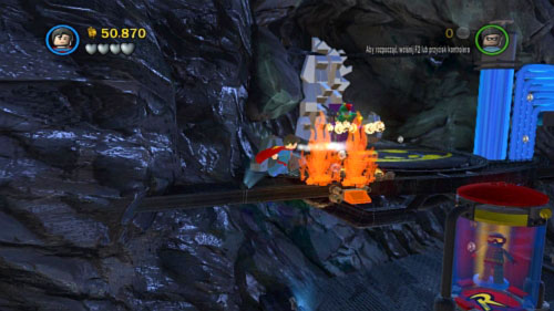 Use Superman to extinguish fire (picture) and outfit Robin into the magnetic suit - Unwelcome Guests - Walkthrough - LEGO Batman 2: DC Super Heroes - Game Guide and Walkthrough