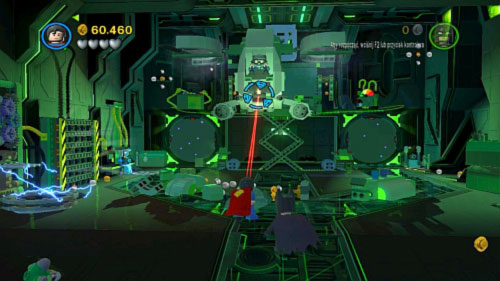 When you enter to the plane use hook on the orange point on flying vehicle and after that use laser to take out the pilot (picture) - Destination Metropolis - Walkthrough - LEGO Batman 2: DC Super Heroes - Game Guide and Walkthrough