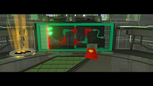 After fight move Superman to the green wall and link all red pipes (picture) - Research and Development - Walkthrough - LEGO Batman 2: DC Super Heroes - Game Guide and Walkthrough
