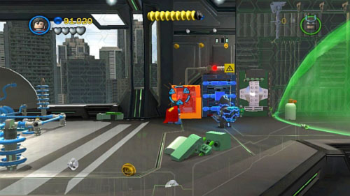 Move right and use Superman to destroy gold bricks near the wall and use Batman to charge electric device (picture) - Research and Development - Walkthrough - LEGO Batman 2: DC Super Heroes - Game Guide and Walkthrough