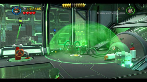 Activate invisibility, move toward valve under the camera, turn it and move to the button on the ground under the kryptonite layer (picture) - Research and Development - Walkthrough - LEGO Batman 2: DC Super Heroes - Game Guide and Walkthrough