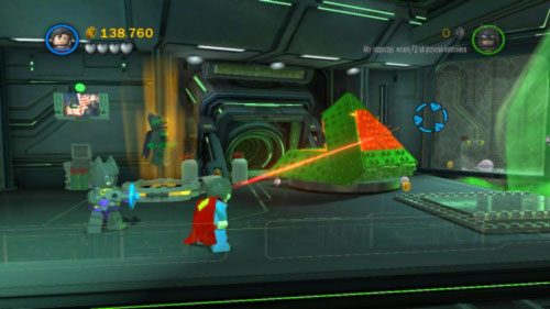 Move to the right and destroy green-yellow block (aim at the gold wall) - Research and Development - Walkthrough - LEGO Batman 2: DC Super Heroes - Game Guide and Walkthrough