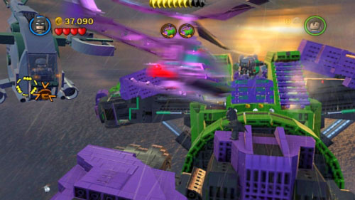 When you land at the robot use Batman's hook on the orange point on enemy's flying machine (picture) and eliminate the pilot - Down to Earth - Walkthrough - LEGO Batman 2: DC Super Heroes - Game Guide and Walkthrough